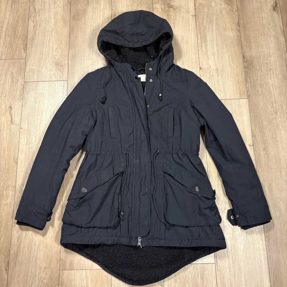 Miami Womens Black Cinch Waist Jacket Hoodie Size M Black Sherpa Lined Button